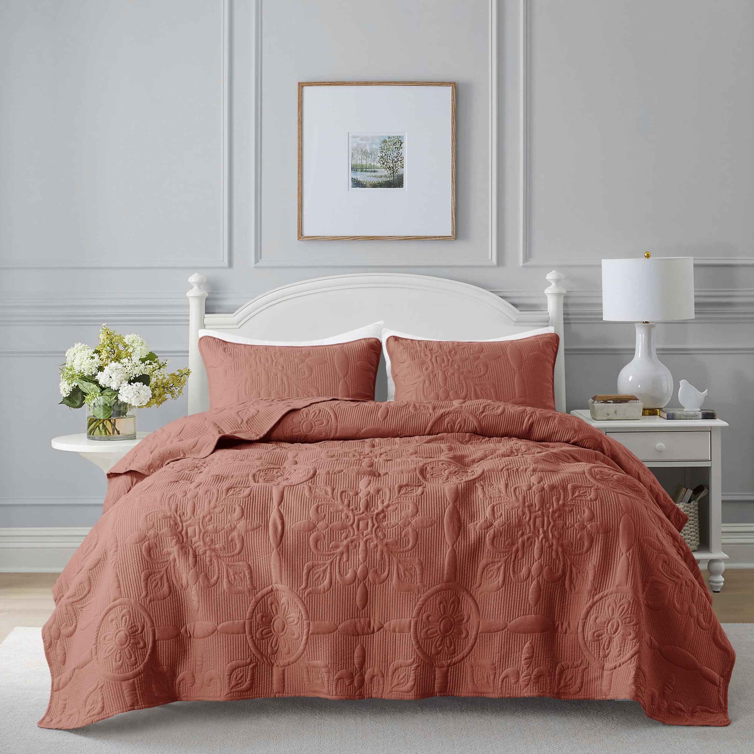 B2Ever Damask Quilt Twin Size Bedding Sets With Pillow Sham, Boho Lightweight Soft Bedspread Coverlet, Burnt Orange Quilted Blan